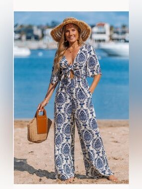Cupshe Boho Tie-Front Wide-Leg Jumpsuit - Blue Floral